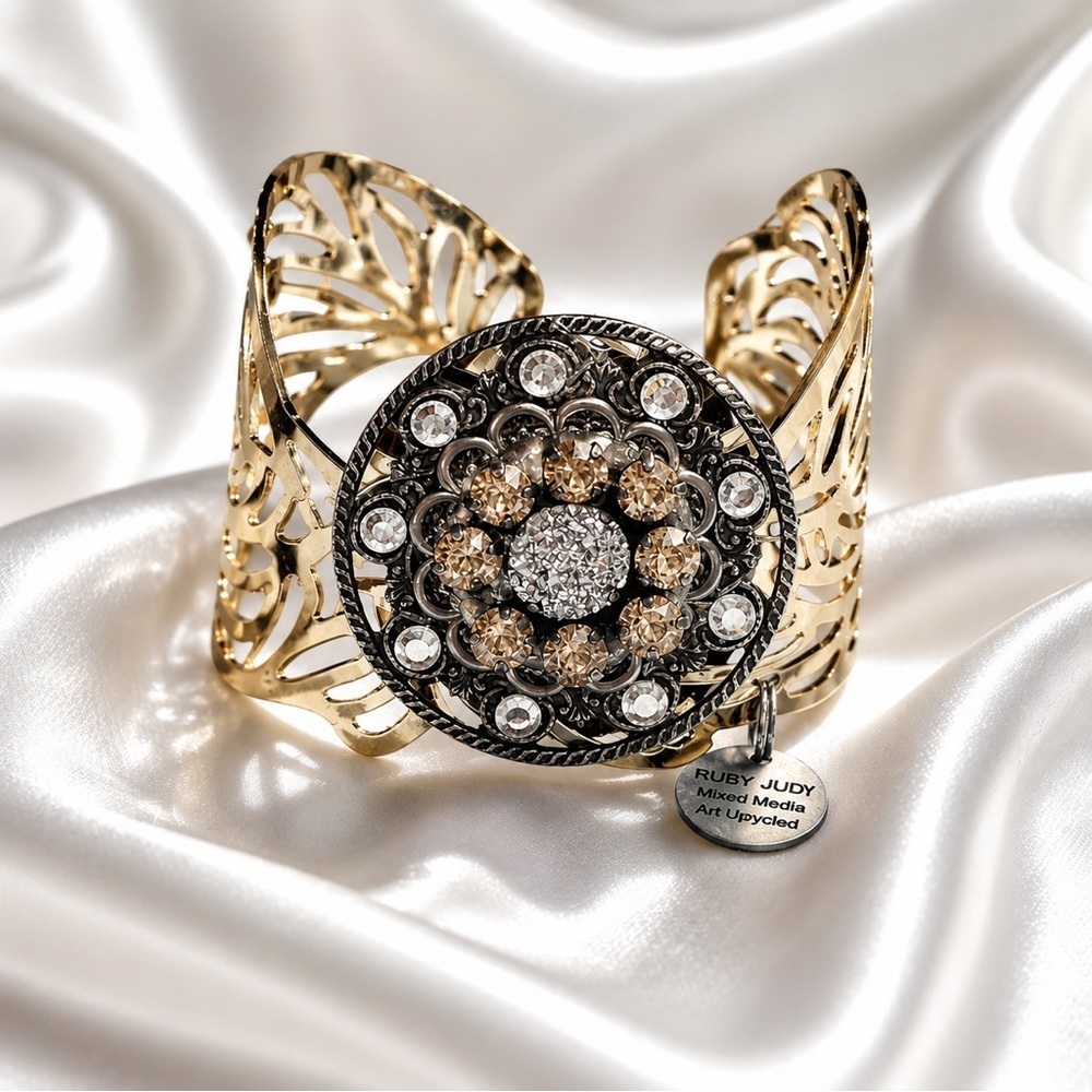 Rubyrudi Artist Up Cycled Artisan Filigree Cuff Bracelet Crystal Medallion OOAK